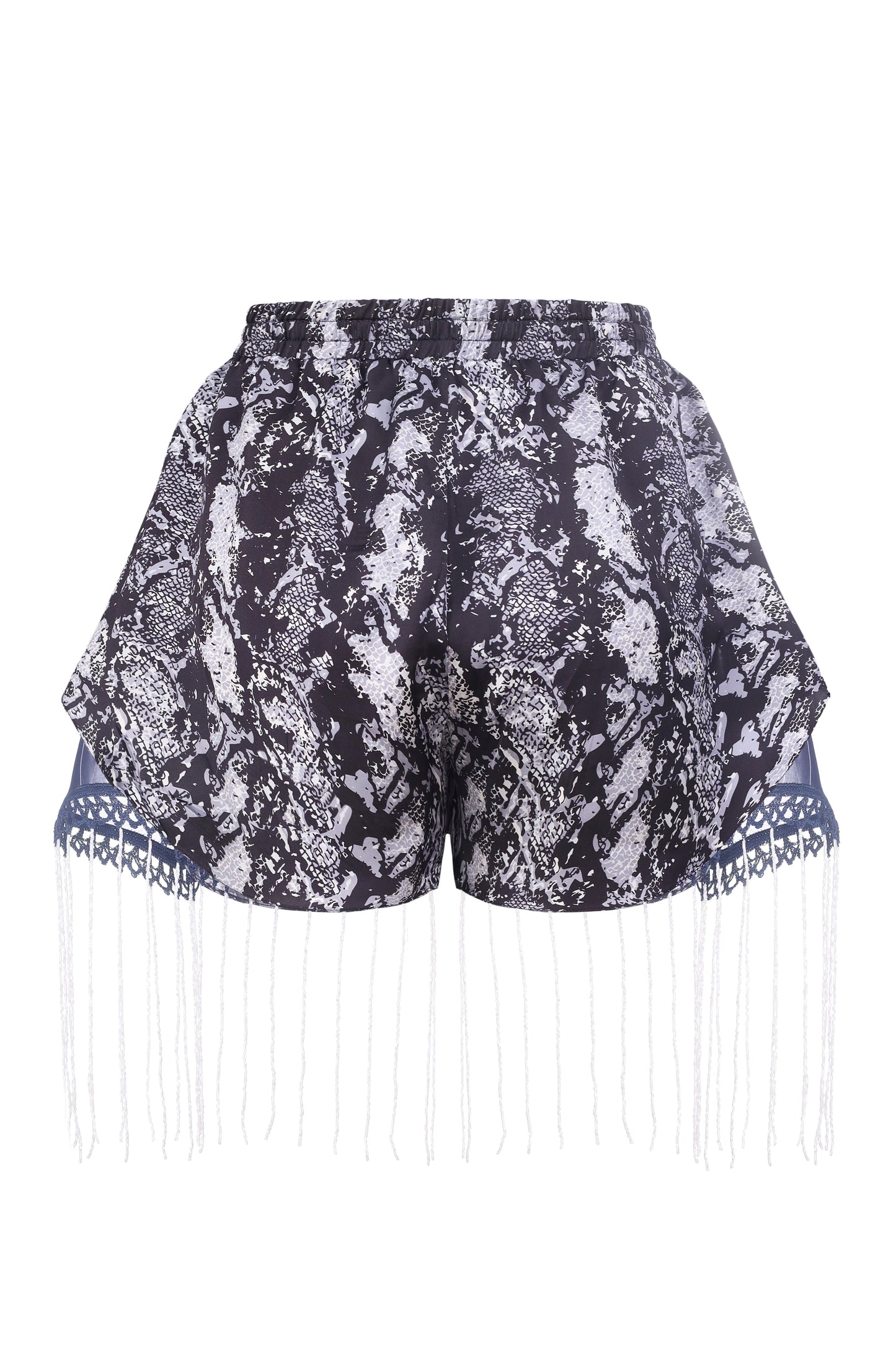 Silk printed shorts with fringe