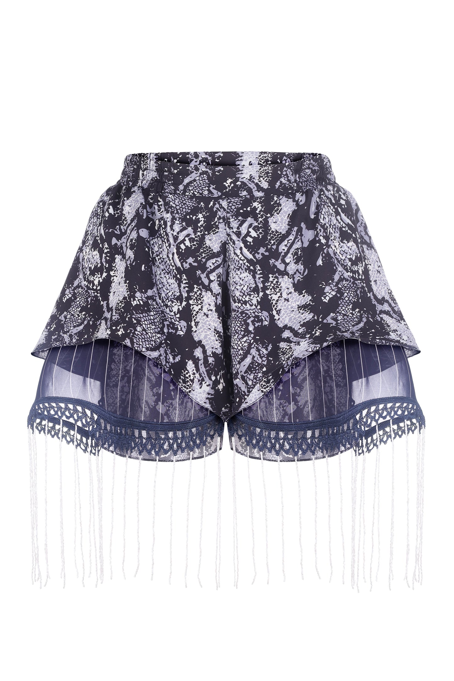 Silk printed shorts with fringe