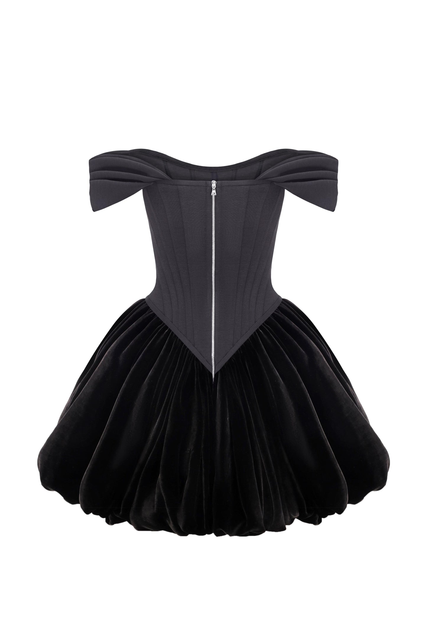 Puffy corset dress with a velvet skirt