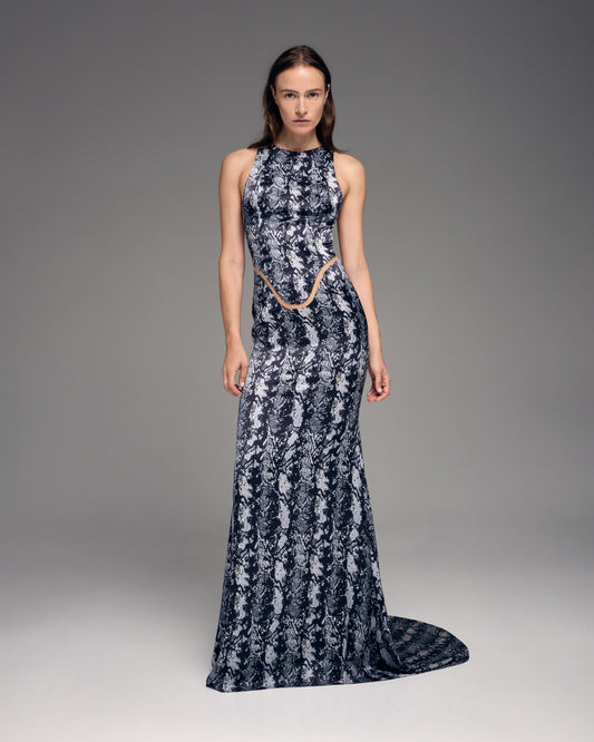 Floor-length silk dress with glass decorative buttons