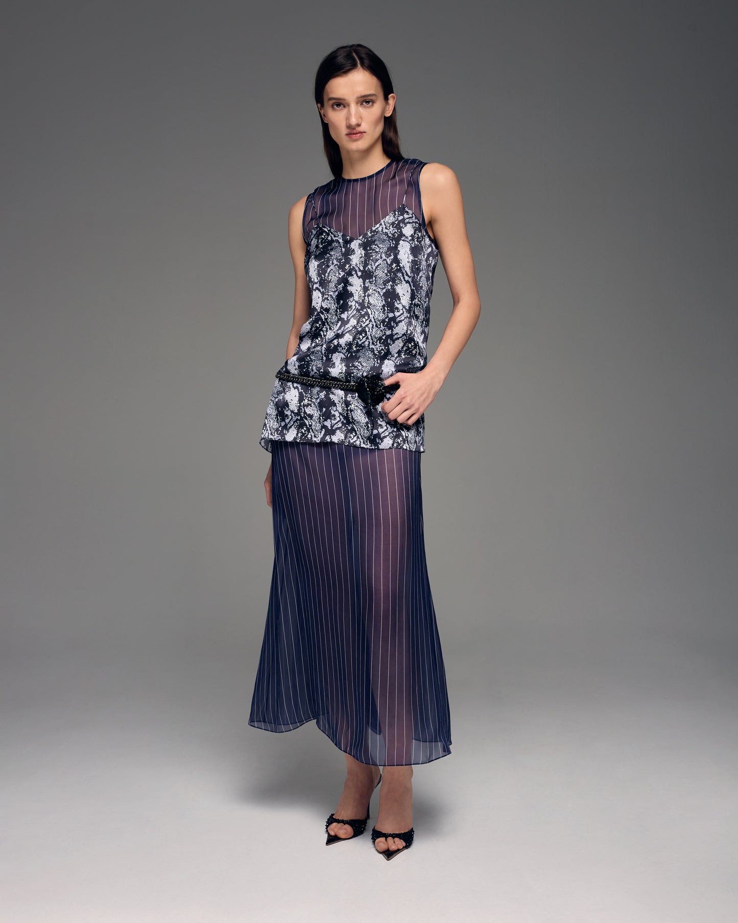 Translucent chiffon dress with silk slip dress