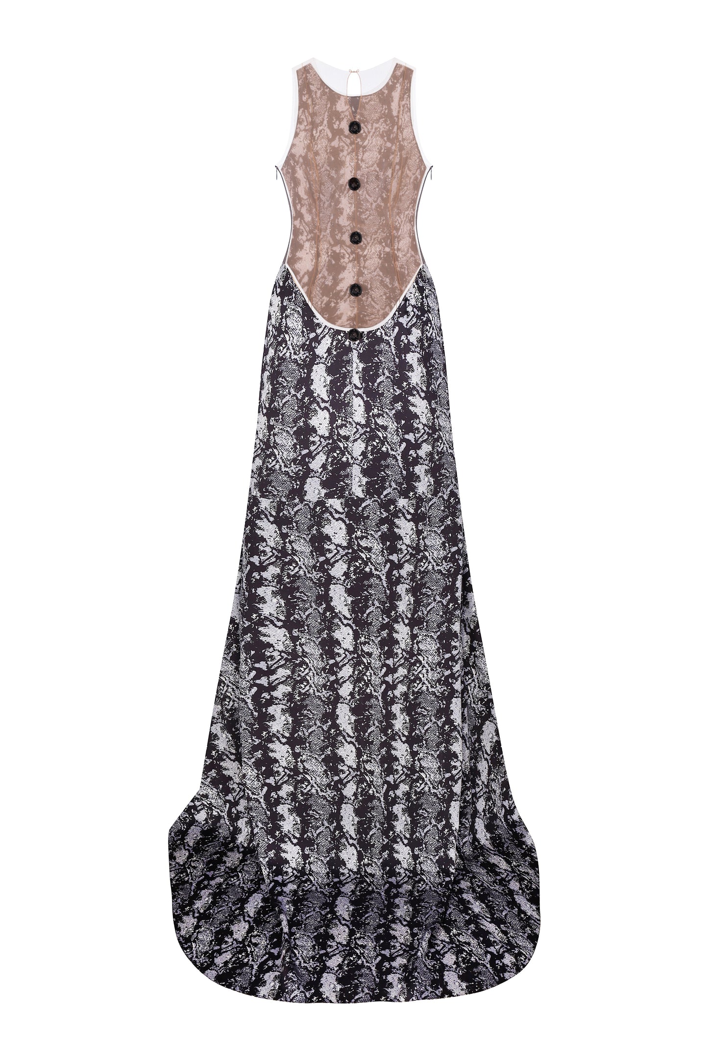Floor-length silk dress with glass decorative buttons