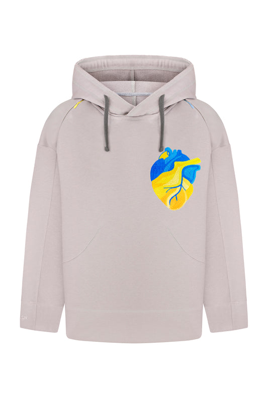 Gray hoodie with handmade heart embroidery