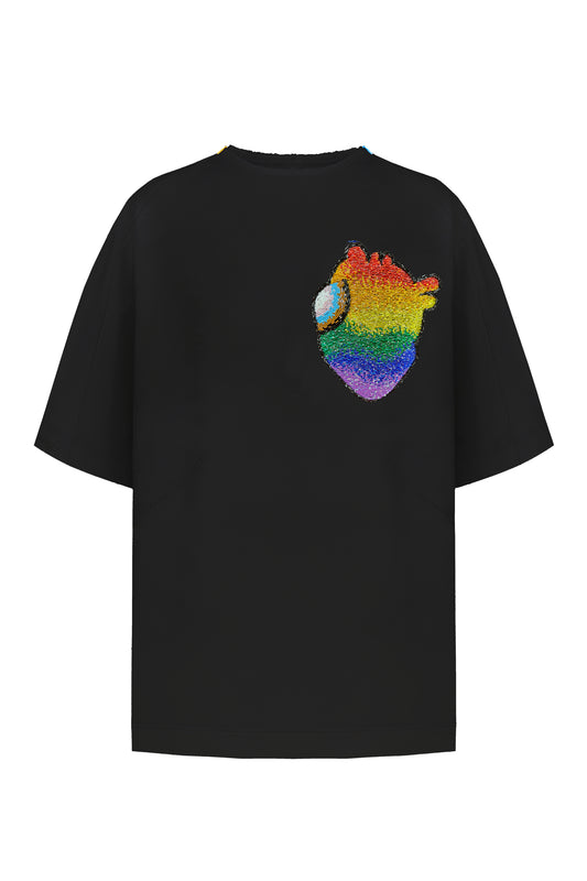 T-shirt with handmade LGBTQIA+ heart embroidery