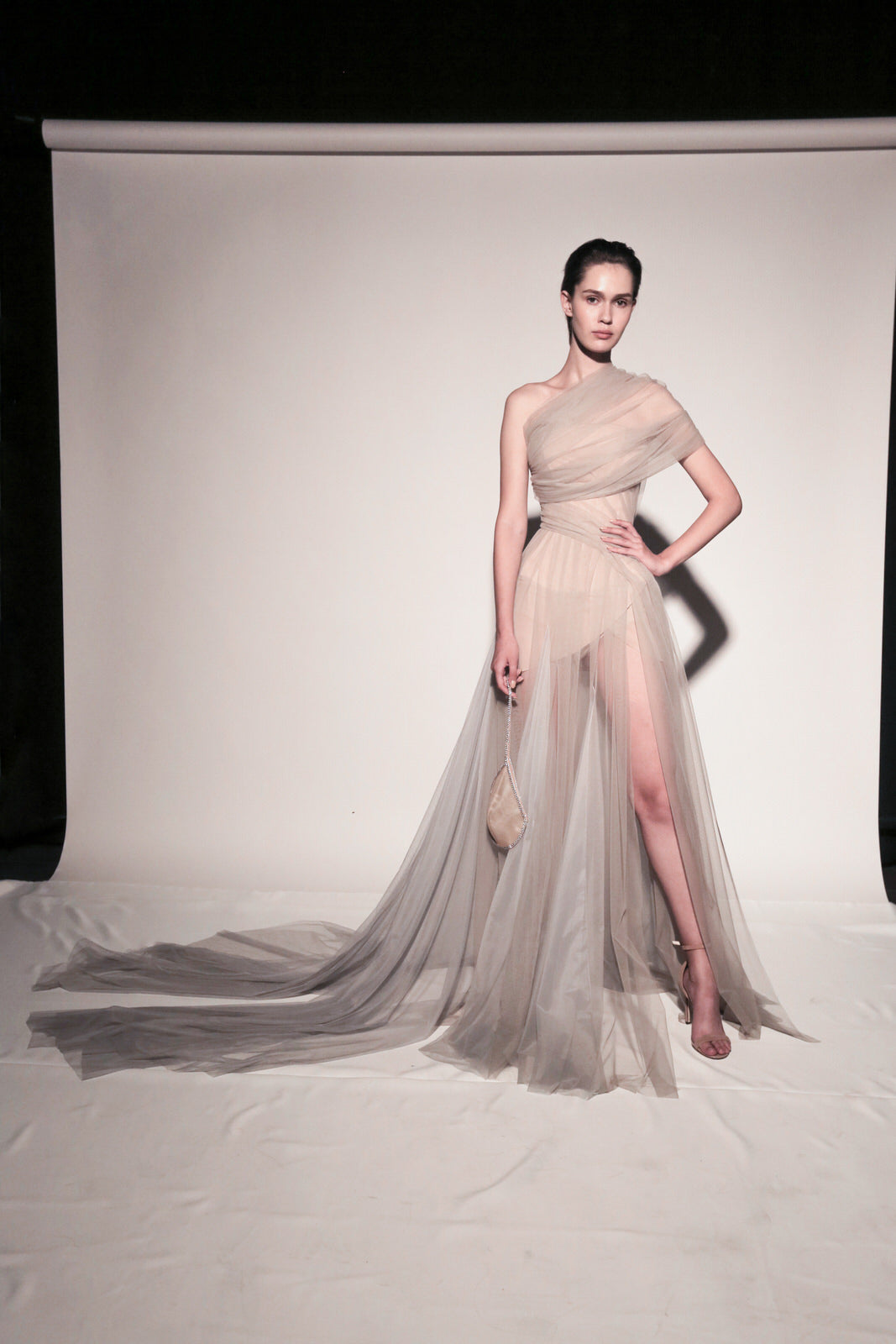 Corset dress with net drape