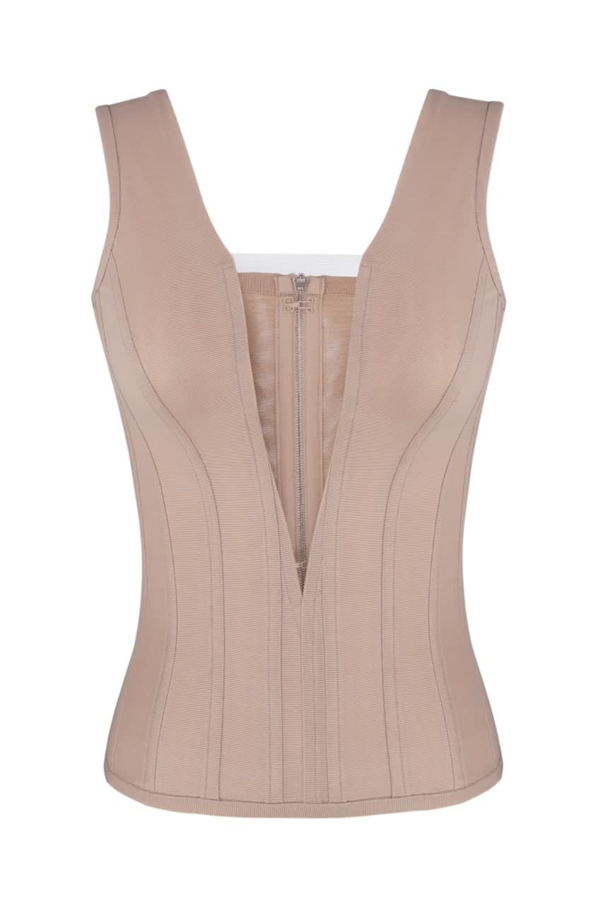 Corset with deep cut and straps