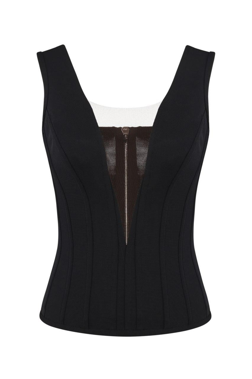 Corset with deep cut and straps
