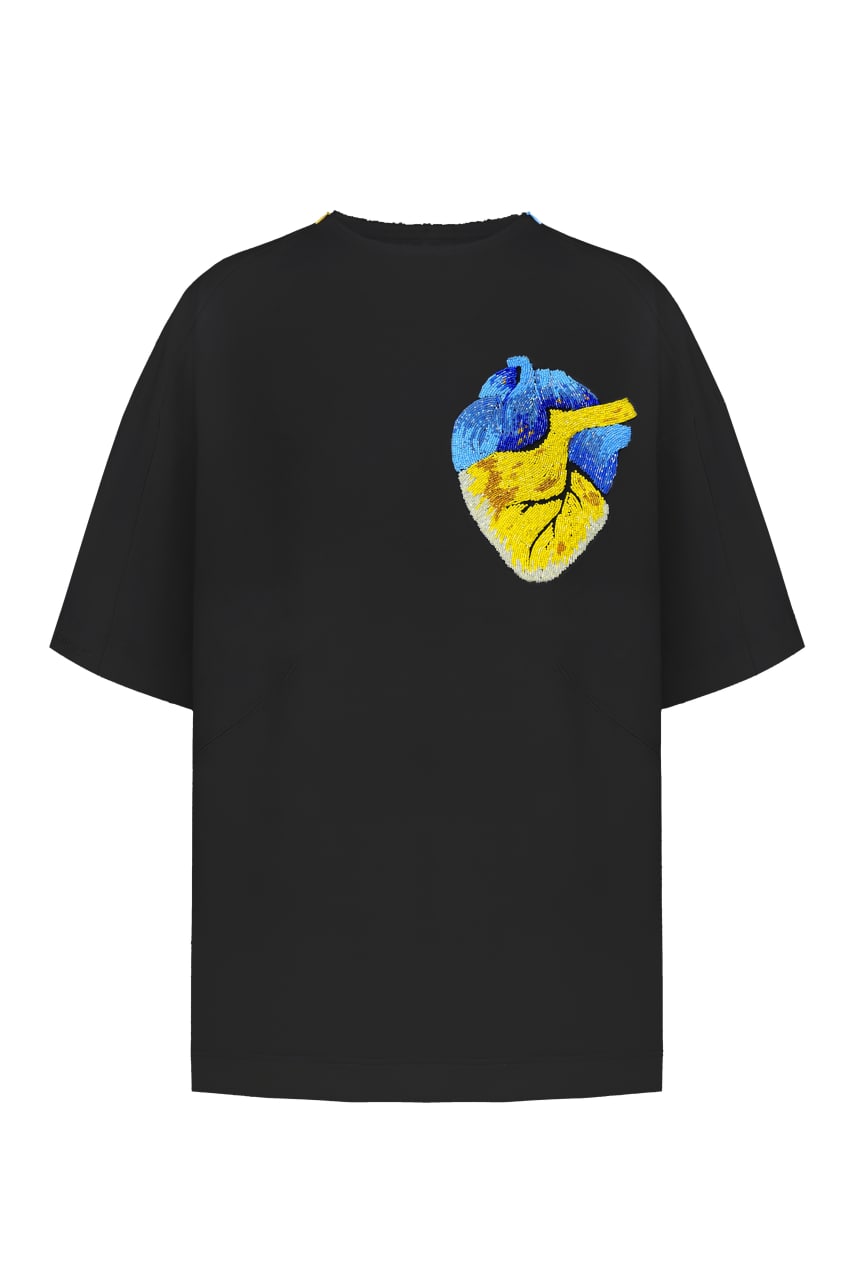 Black t-shirt with handmade heart embroidery
