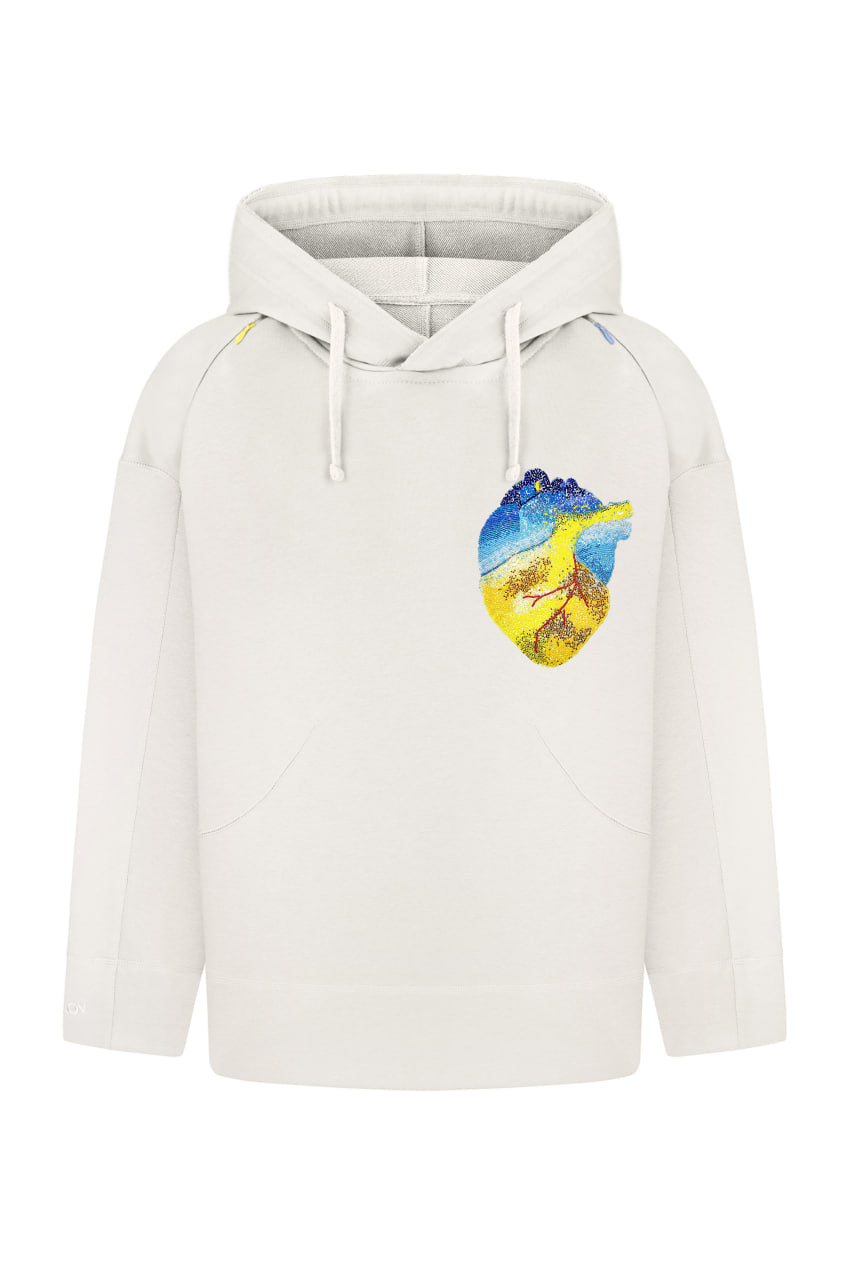 Milky hoodie with handmade heart embroidery