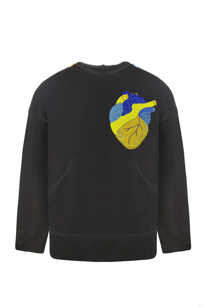 Black sweatshirt with handmade heart embroidery FROLOV