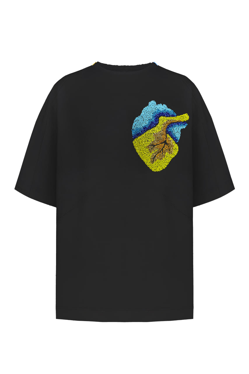 Black t-shirt with handmade heart embroidery