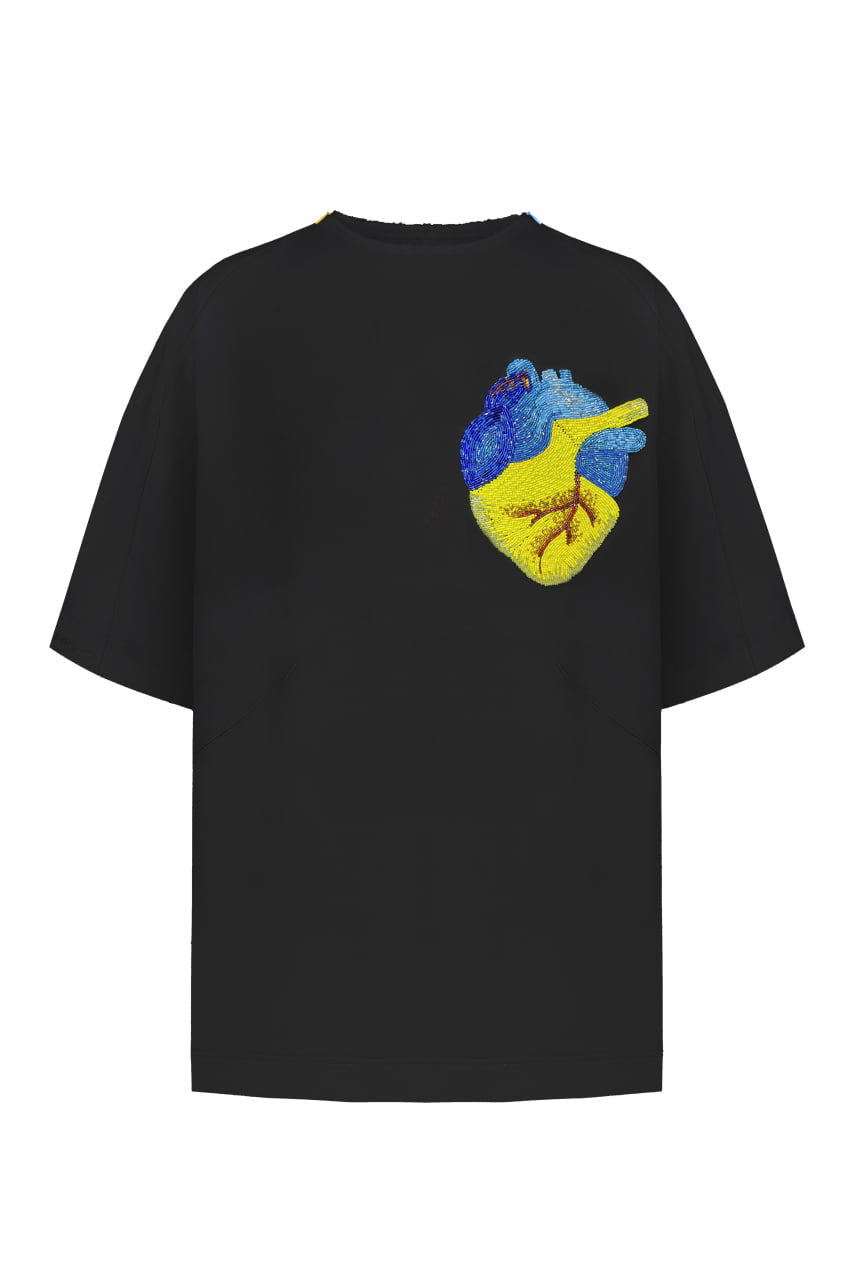 Black t-shirt with handmade heart embroidery