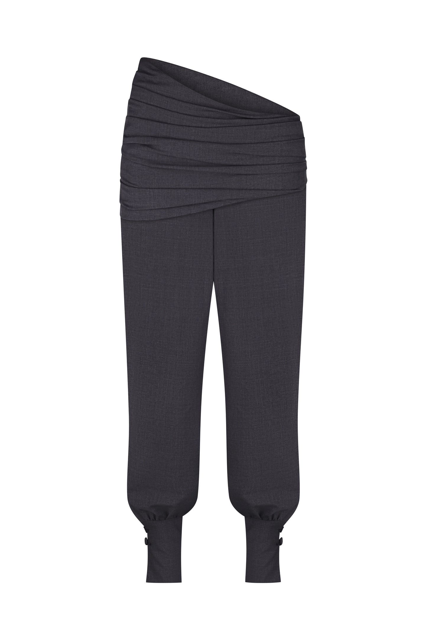 Trousers with asymmetric draped belt