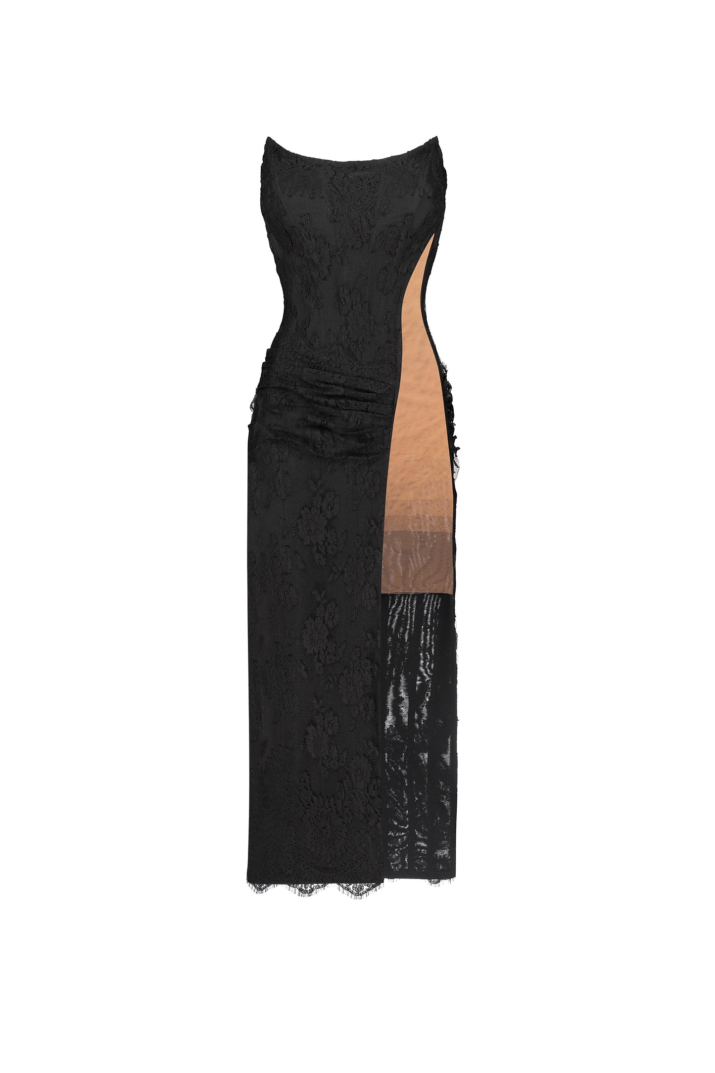 Корсетна сукня міді з вирізом покрита мереживом
