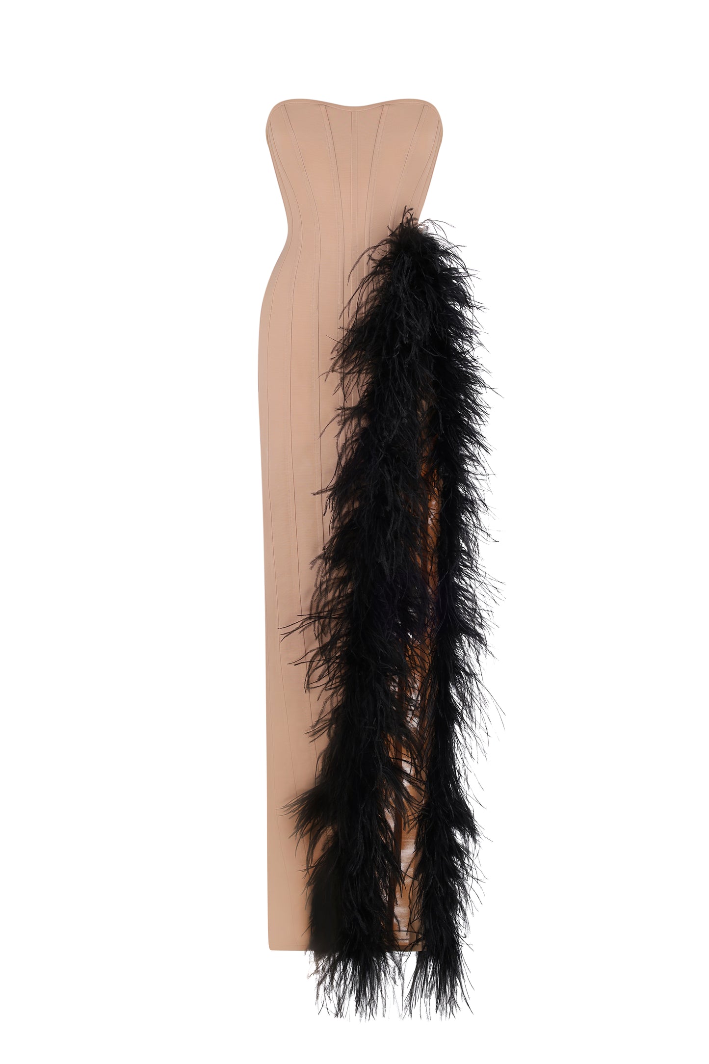 Floor-length corset dress with feather