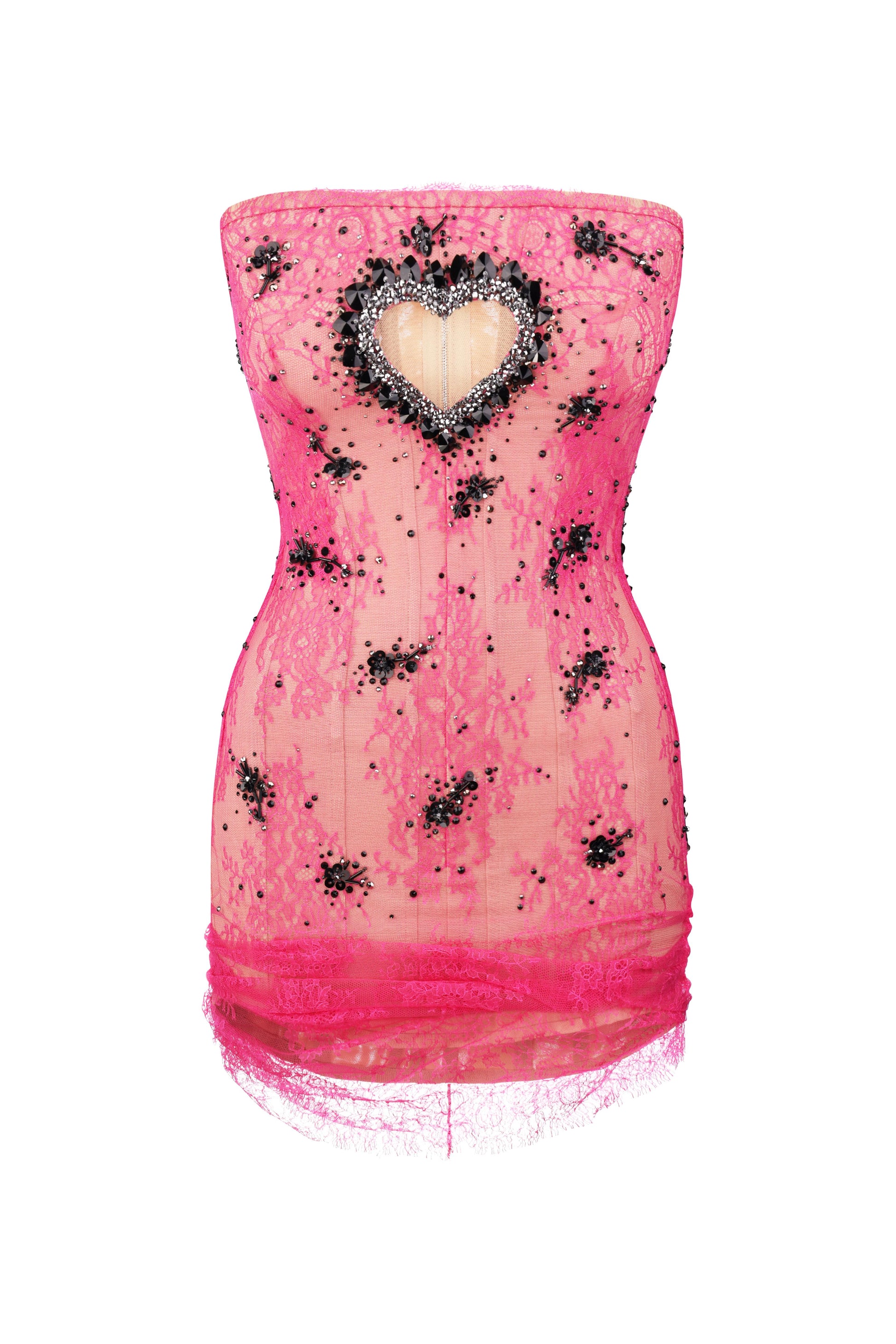 Embellished corset dress covered with lace with Heart cutout XS / Beige + Fuchsia Embellished corset dress covered with lace with Heart cutout XS / Beige + Fuchsia