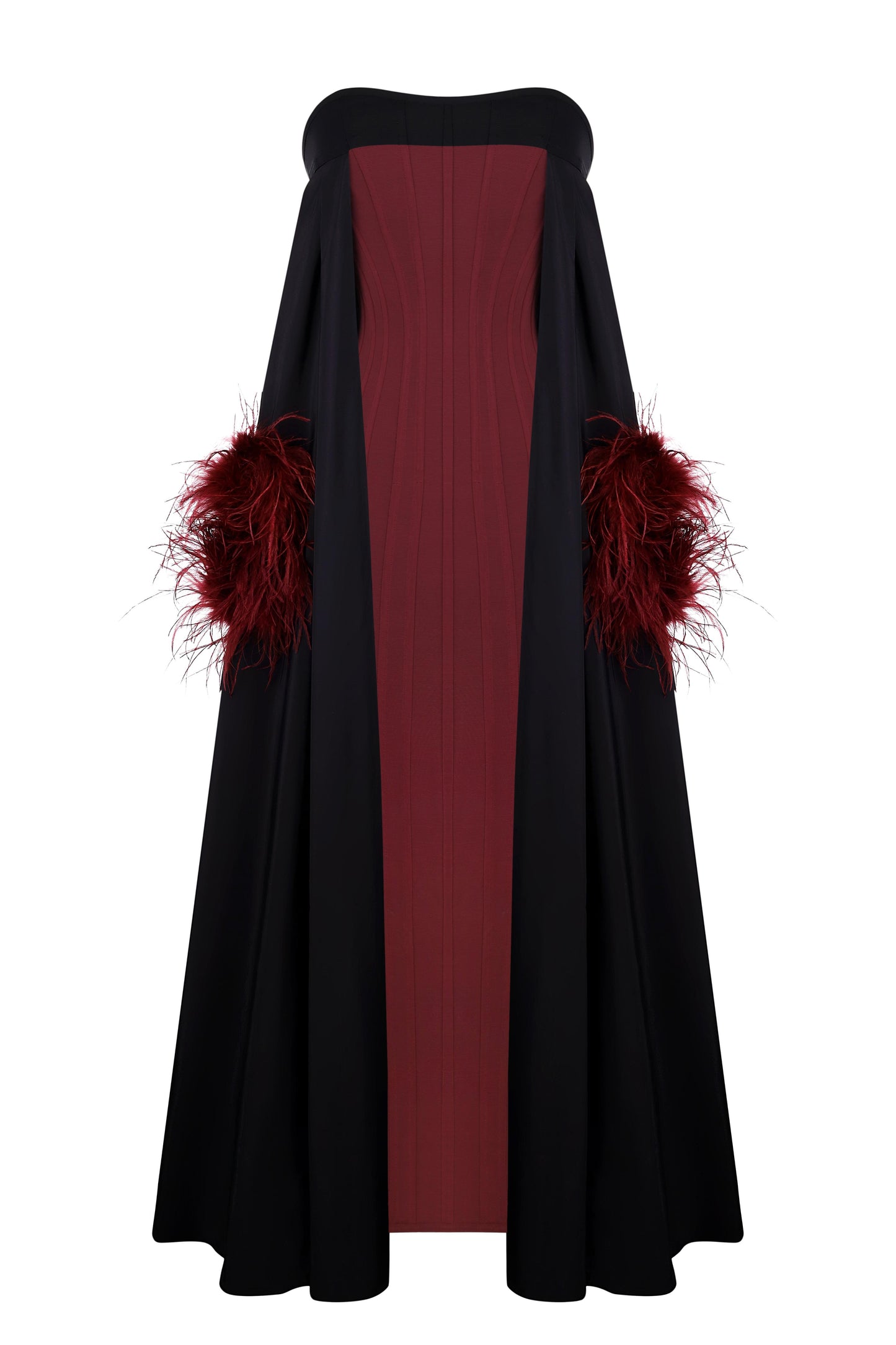 Midi corset dress with cape sleeeves with feathers