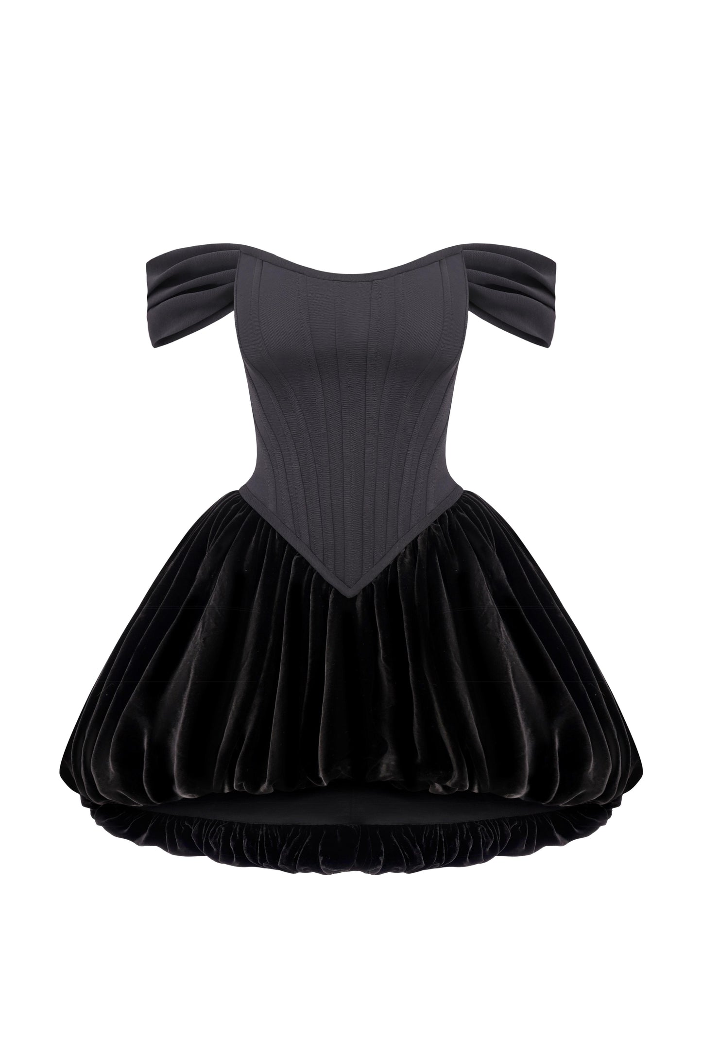 Puffy corset dress with a velvet skirt