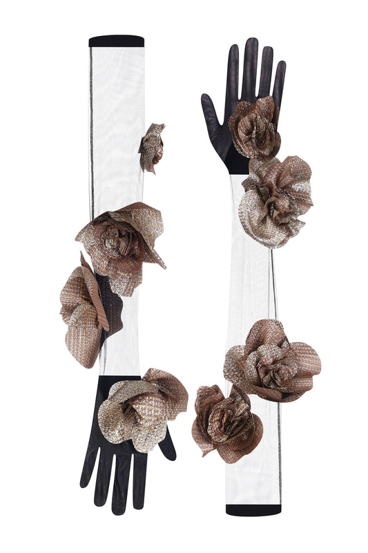 Transparent gloves with handcrafted flowers