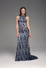 Floor-length silk dress with glass decorative buttons