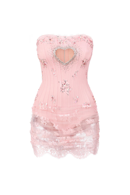 Corset bodysuit with lace draped skirt