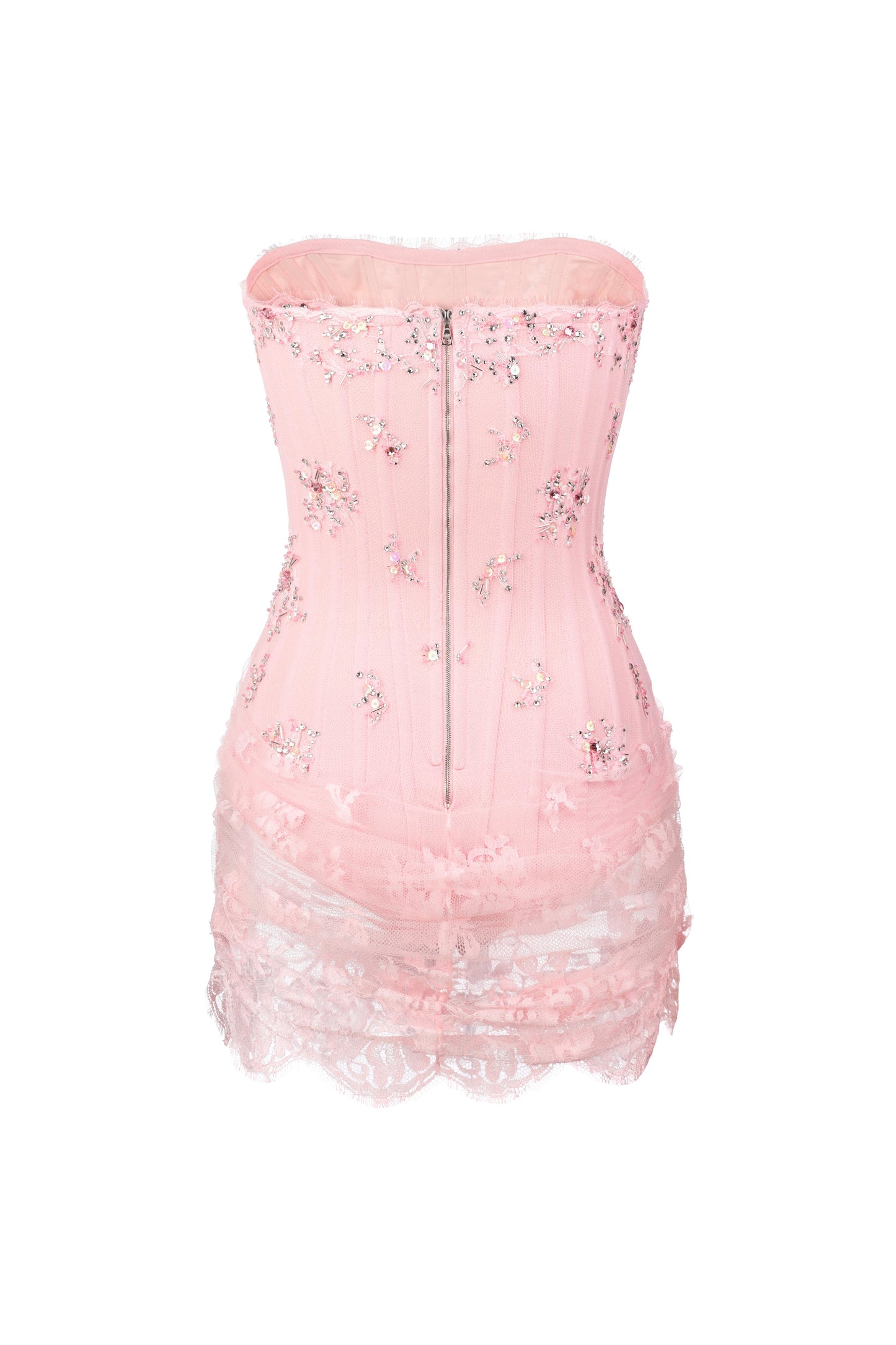 Corset bodysuit with lace draped skirt