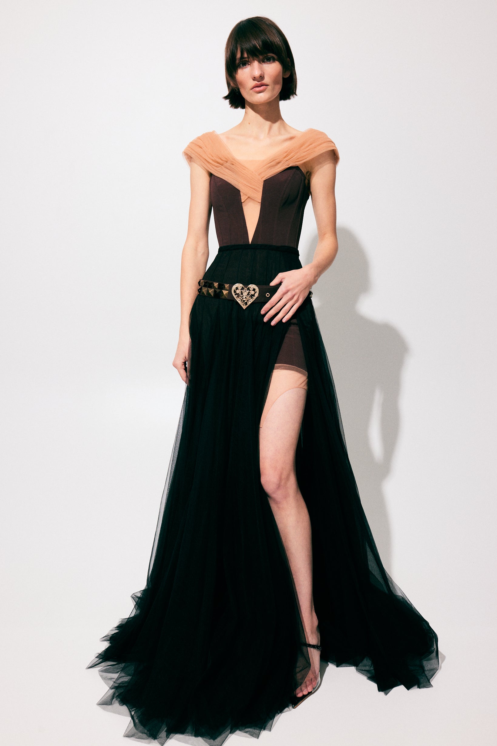 Draped corset dress with a strap M / Total beige