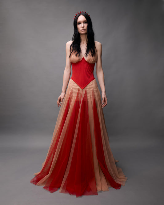 Сукня в підлогу з корсетом і фатиновою спідницею