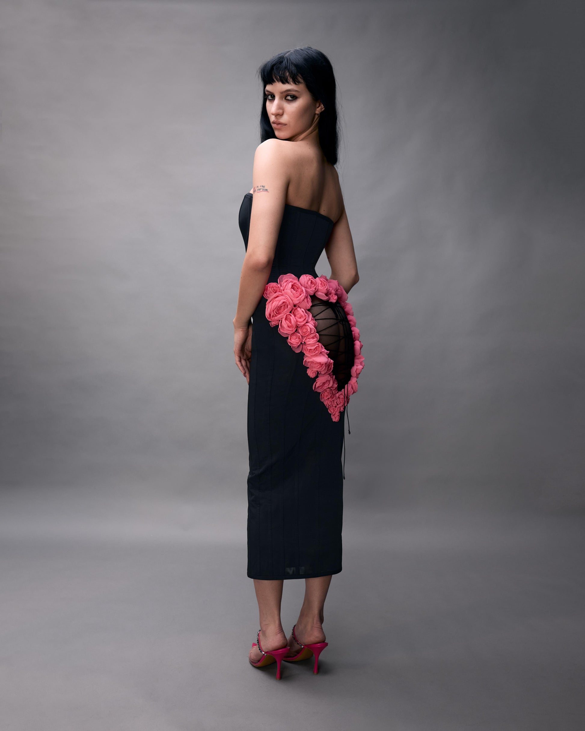Corset Dress with Heart Back Cutout with Handcrafted Flowers S / Black + Fuchsia Flowers Corset Dress with Heart Back Cutout with Handcrafted Flowers S / Black + Fuchsia Flowers