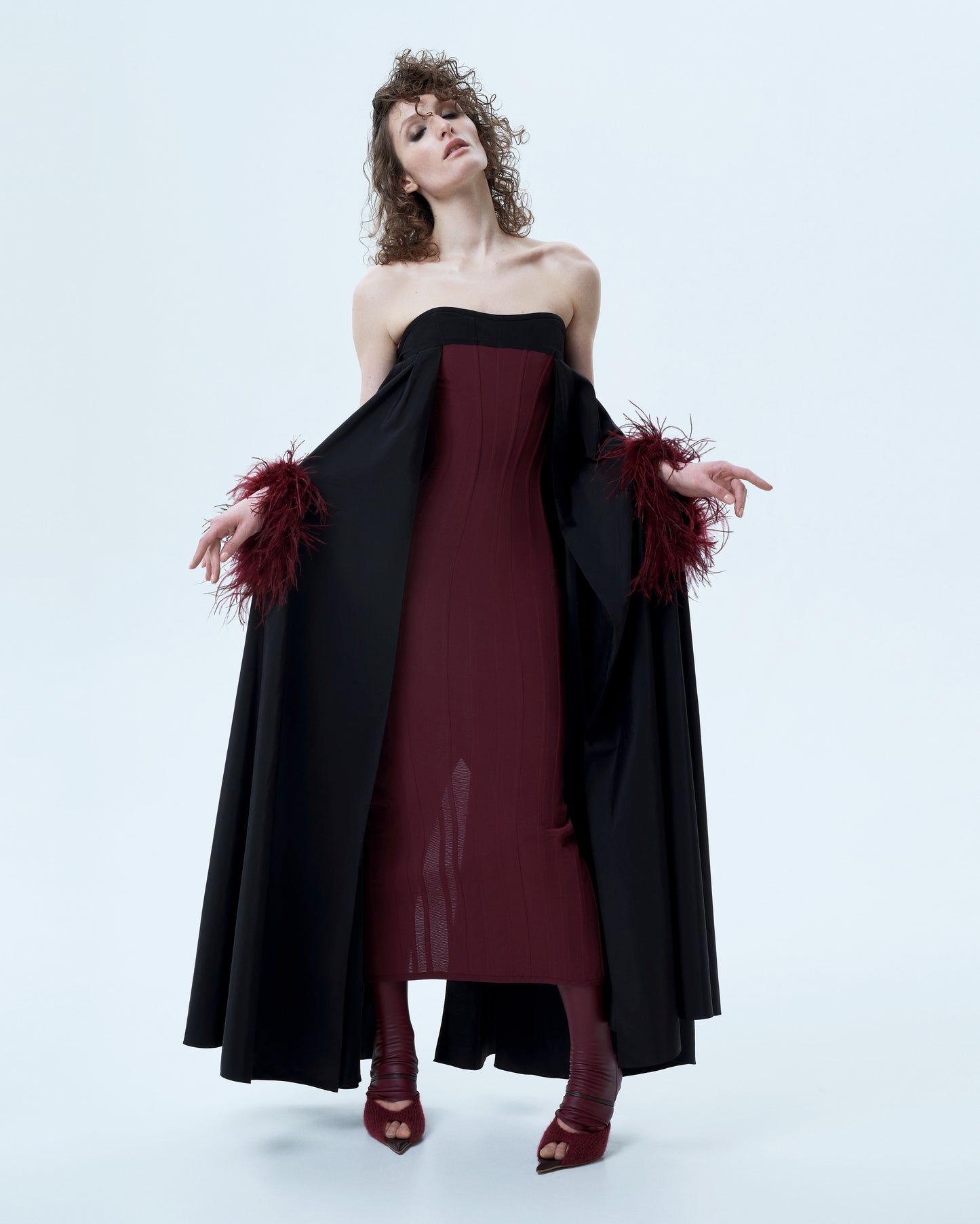 Midi corset dress with cape sleeeves with feathers