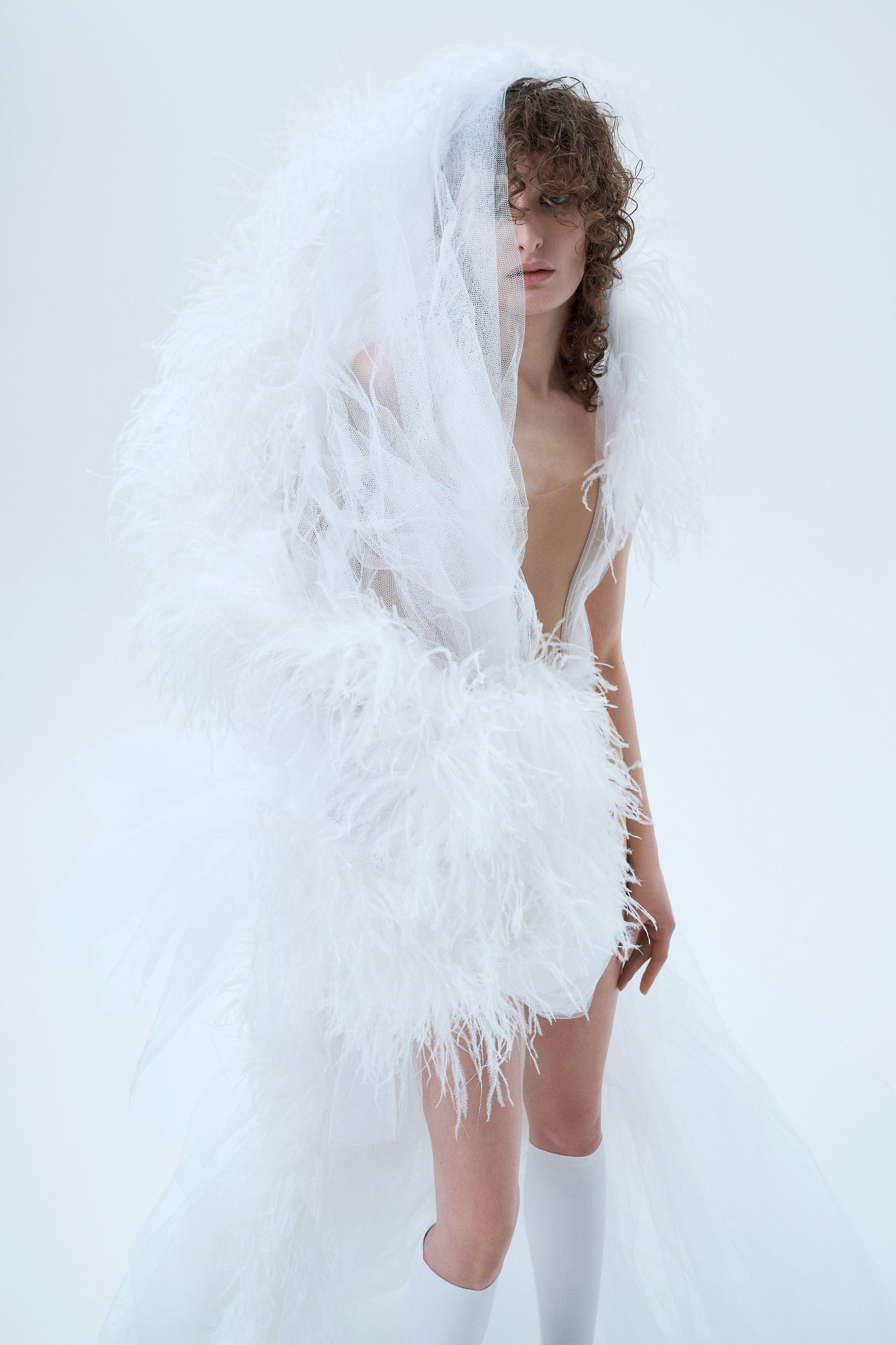 Floor-length dress with feathers