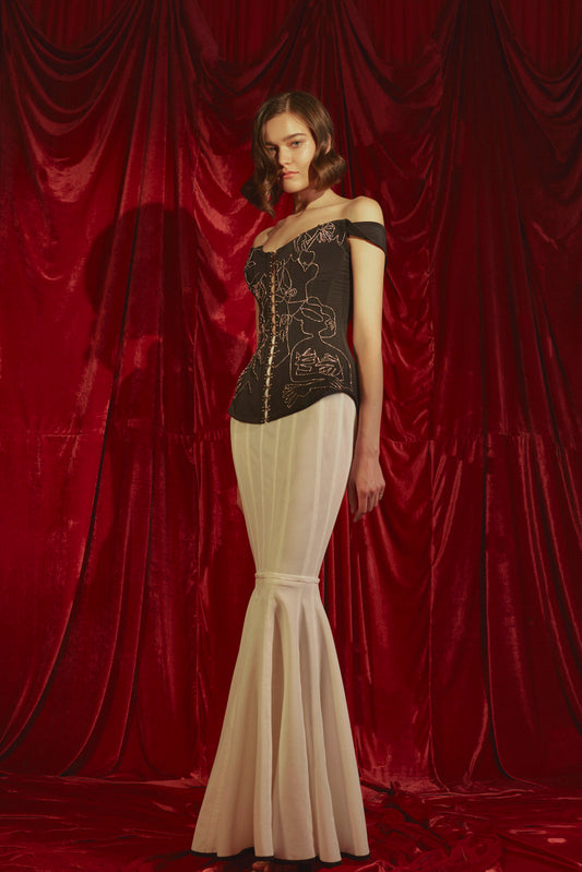 Crystal-embellished corset with Masha Reva x FROLOV pattern