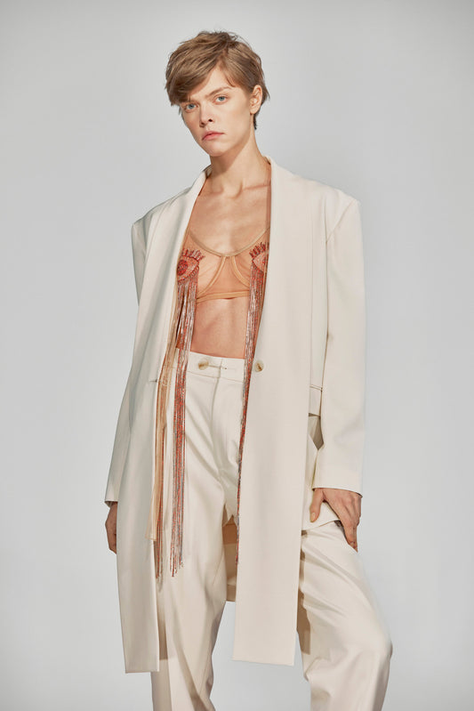 Jacket with sewn scarf, with silk lining and transparent back