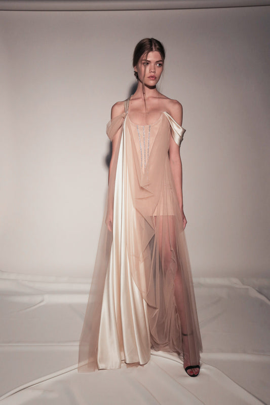 Floor-length embellished corset dress with net train