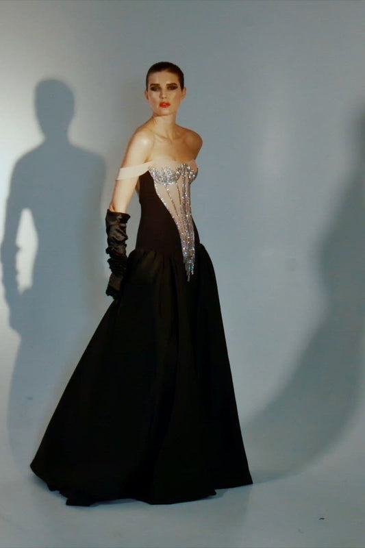 Floor-length corset dress wih handmade embroidery