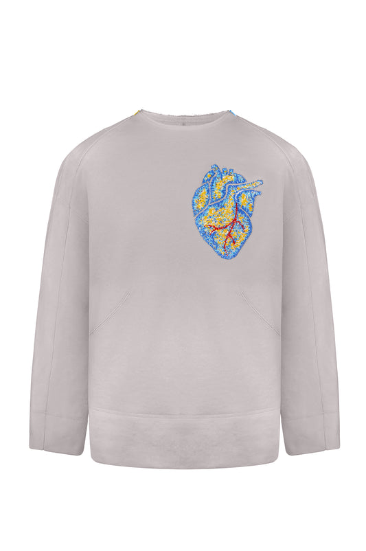 Gray sweatshirt with handmade heart embroidery