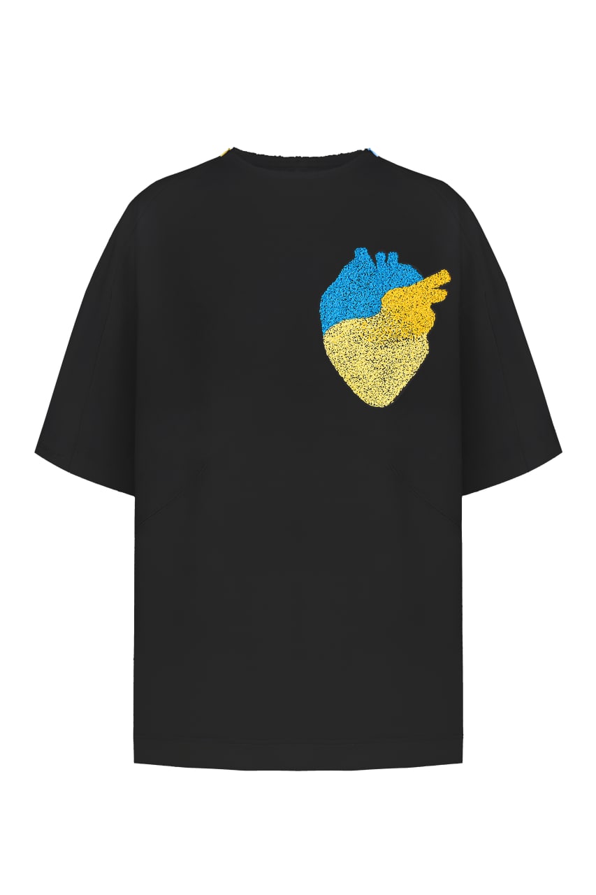 Black t-shirt with handmade heart embroidery