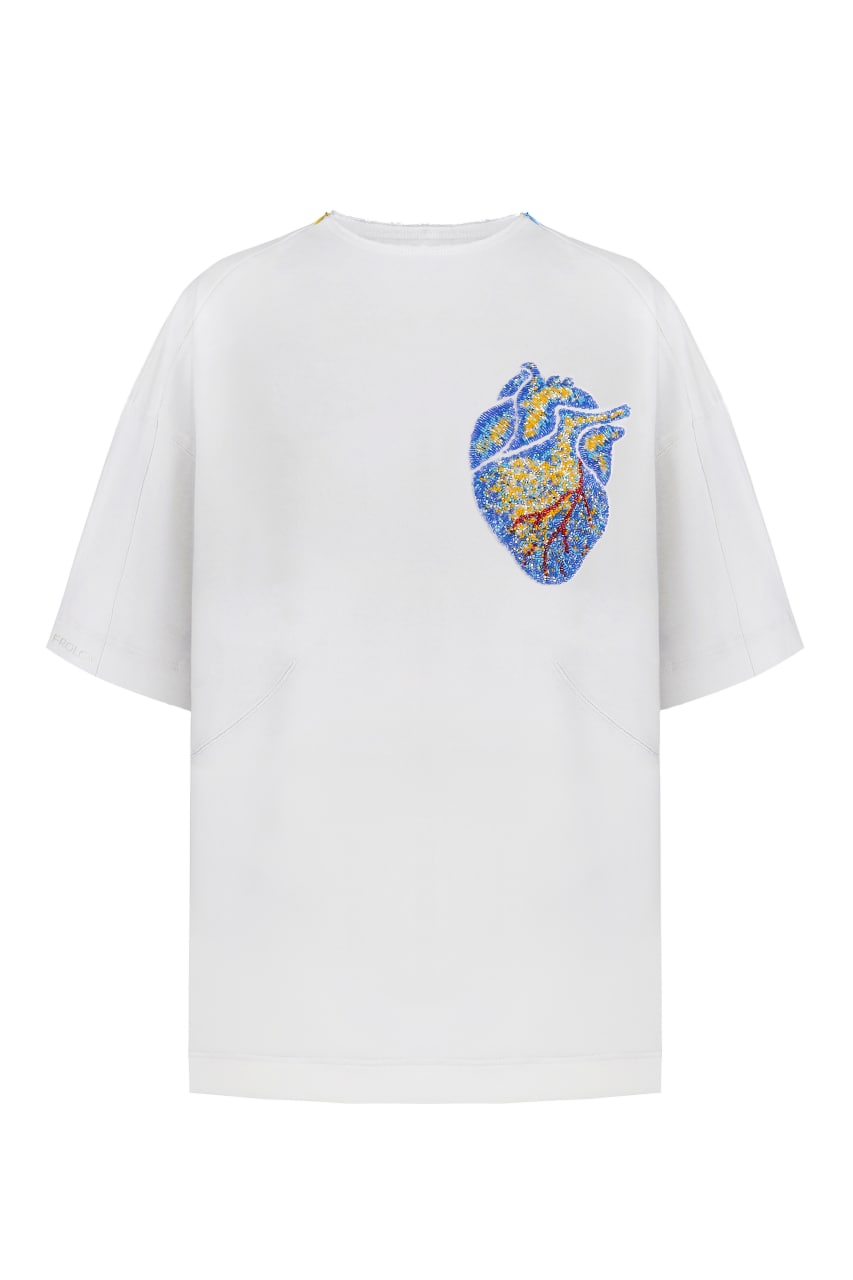 White t-shirt with handmade heart embroidery