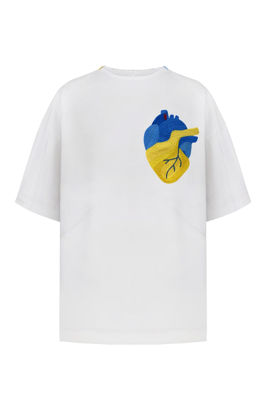 White t-shirt with handmade heart embroidery