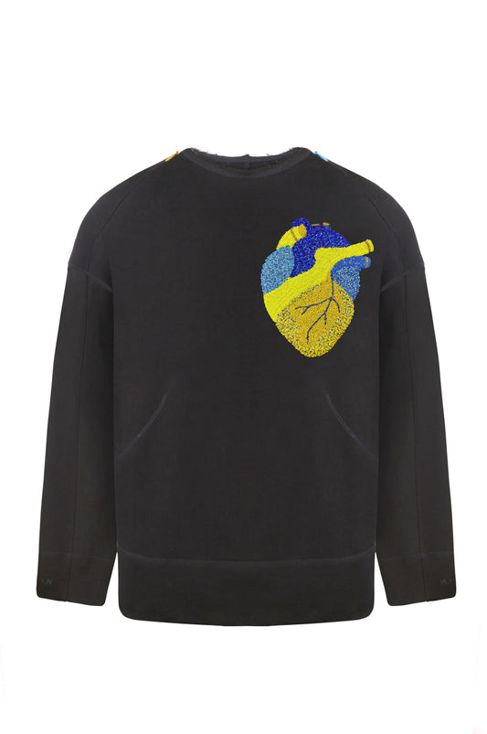 Black sweatshirt with handmade heart embroidery